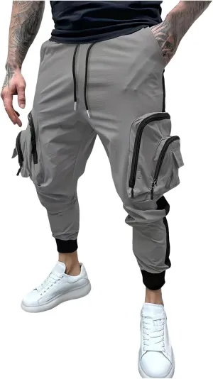 Men's Casual Cotton Cargo Pants Elastic Waist with Belt Cargo Men's Cargo Pants Elastic Waistband Chino Slim Skinny
