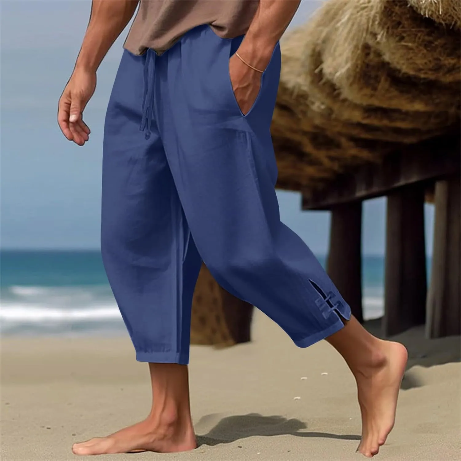 Men's Casual Cotton Linen Pants Beach Summer Pants Capri Harem Pirate Viking Pant Baggy Sweatpants with Pockets