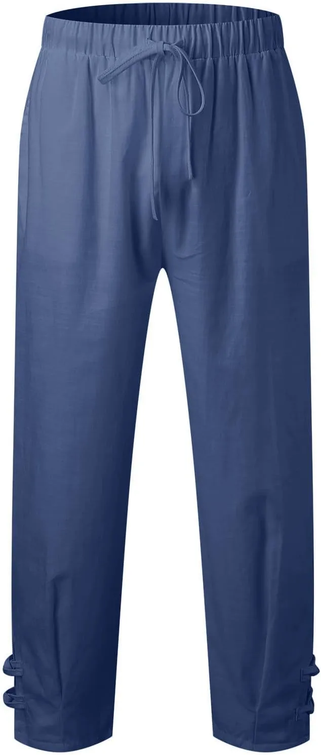 Men's Casual Cotton Linen Pants Beach Summer Pants Capri Harem Pirate Viking Pant Baggy Sweatpants with Pockets