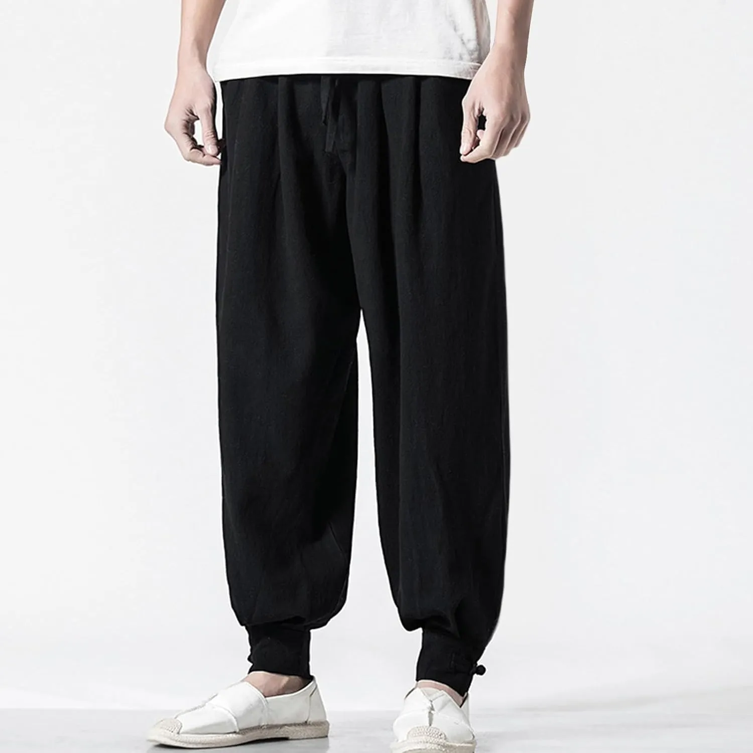 Mens Casual Pants Linen Pants Drawstring Beach Trousers Relaxed-Fit Yoga Pants Soft Elastic Waist Pants