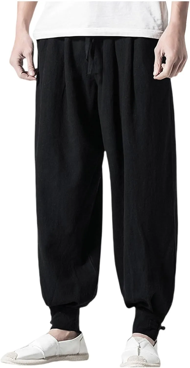 Mens Casual Pants Linen Pants Drawstring Beach Trousers Relaxed-Fit Yoga Pants Soft Elastic Waist Pants