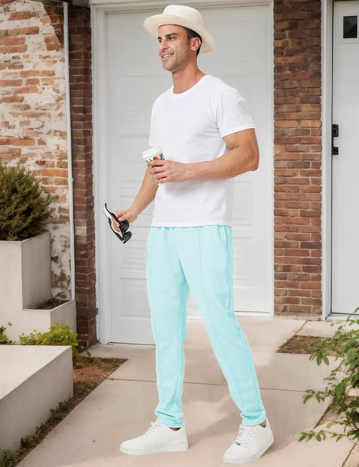 Men's Casual Pants Waffle Knit Pants Lightweight Open Bottom Pants Slim Fit Drawstring Jogger Yoga Pants with Pockets