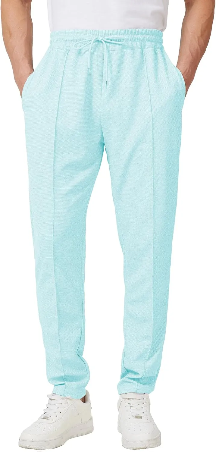 Men's Casual Pants Waffle Knit Pants Lightweight Open Bottom Pants Slim Fit Drawstring Jogger Yoga Pants with Pockets