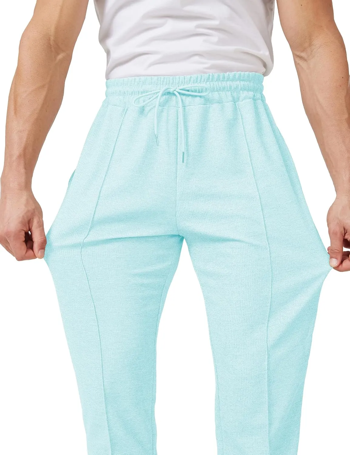 Men's Casual Pants Waffle Knit Pants Lightweight Open Bottom Pants Slim Fit Drawstring Jogger Yoga Pants with Pockets