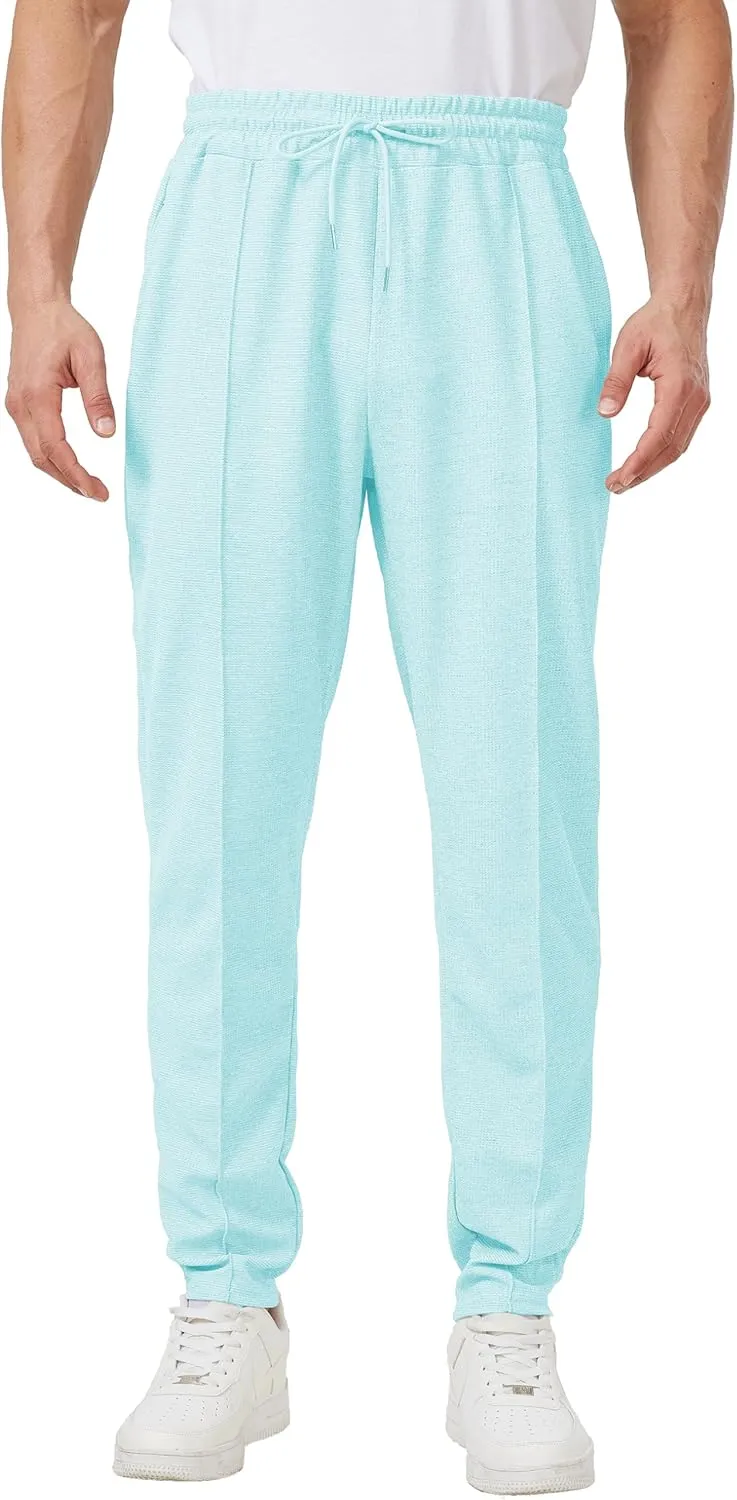Men's Casual Pants Waffle Knit Pants Lightweight Open Bottom Pants Slim Fit Drawstring Jogger Yoga Pants with Pockets