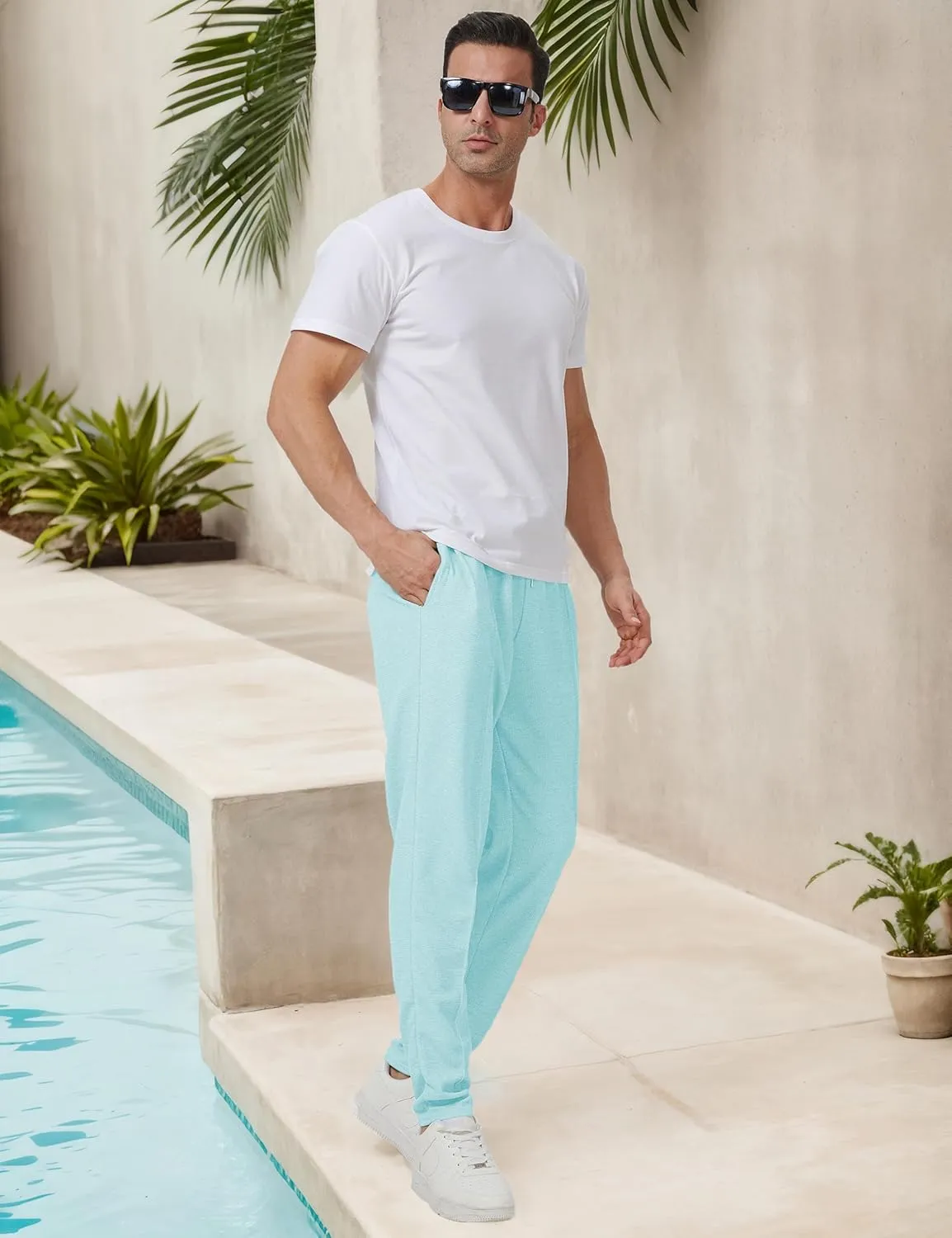 Men's Casual Pants Waffle Knit Pants Lightweight Open Bottom Pants Slim Fit Drawstring Jogger Yoga Pants with Pockets