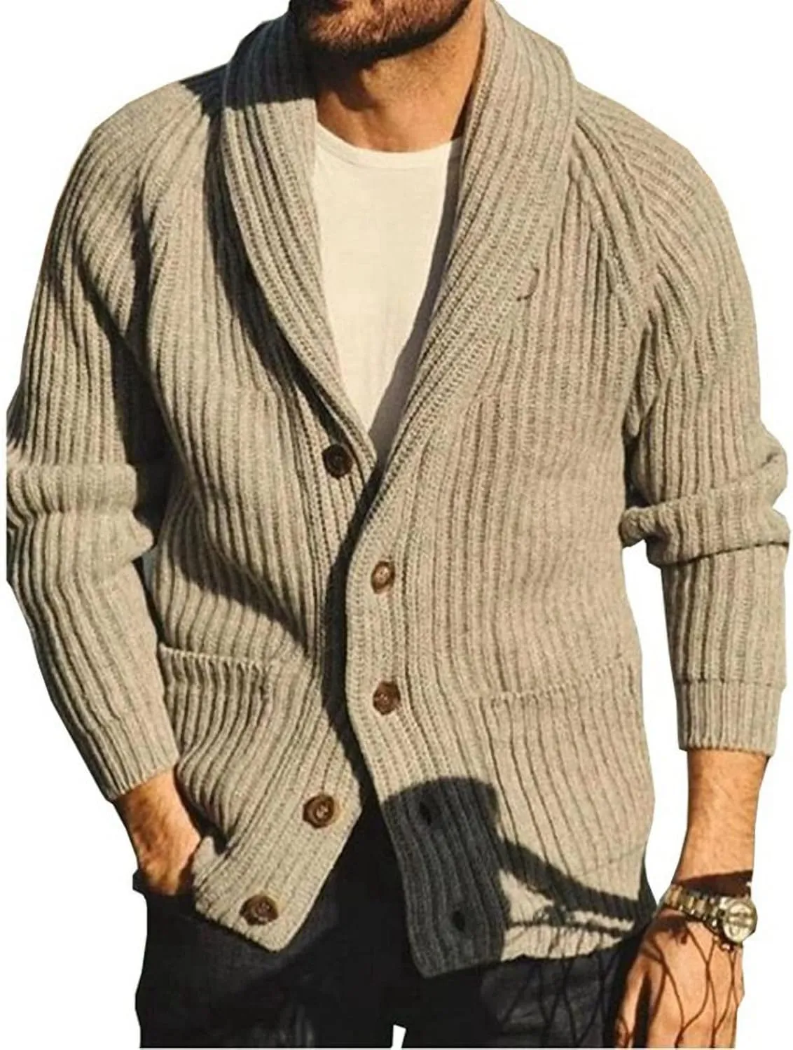 Men's Casual Shawl Cardigan Sweater Men's Long Sleeve Casual Knitted Cardigan Retro Button Down Slim Knitwear