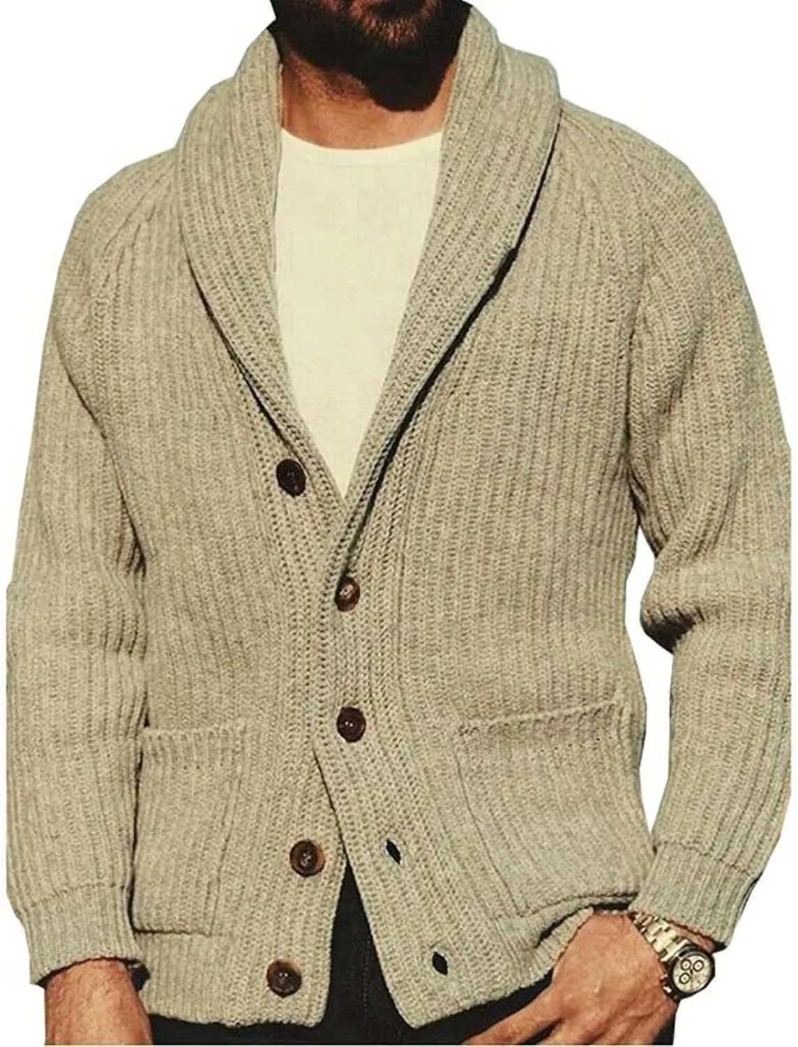 Men's Casual Shawl Cardigan Sweater Men's Long Sleeve Casual Knitted Cardigan Retro Button Down Slim Knitwear