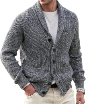 Men's Casual Shawl Collar Cardigan Sweater Men's Thick Button Down Cable Knit Cardigan with Pocket