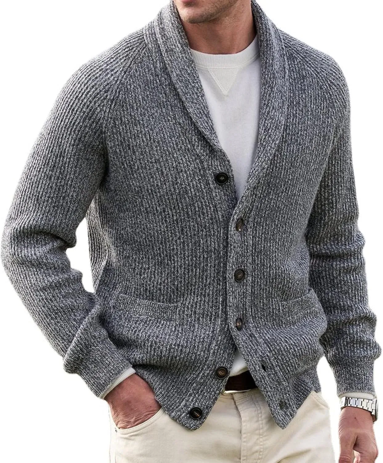 Men's Casual Shawl Collar Cardigan Sweater Men's Thick Button Down Cable Knit Cardigan with Pocket