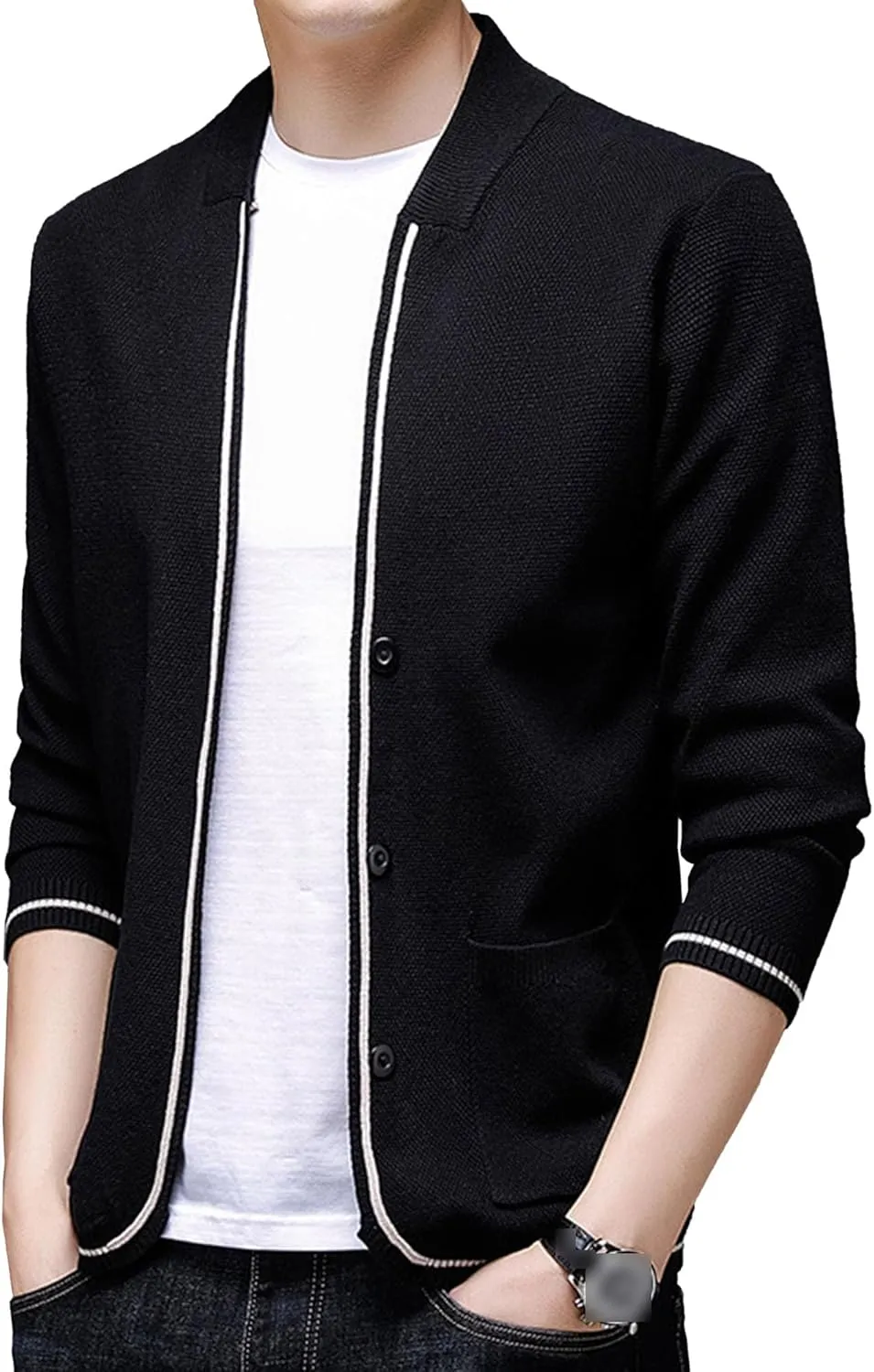 Men's Collar Knitted Cardigan Button Down Male Knits with Pockets Winter Long Sleeve Knit Cardigans