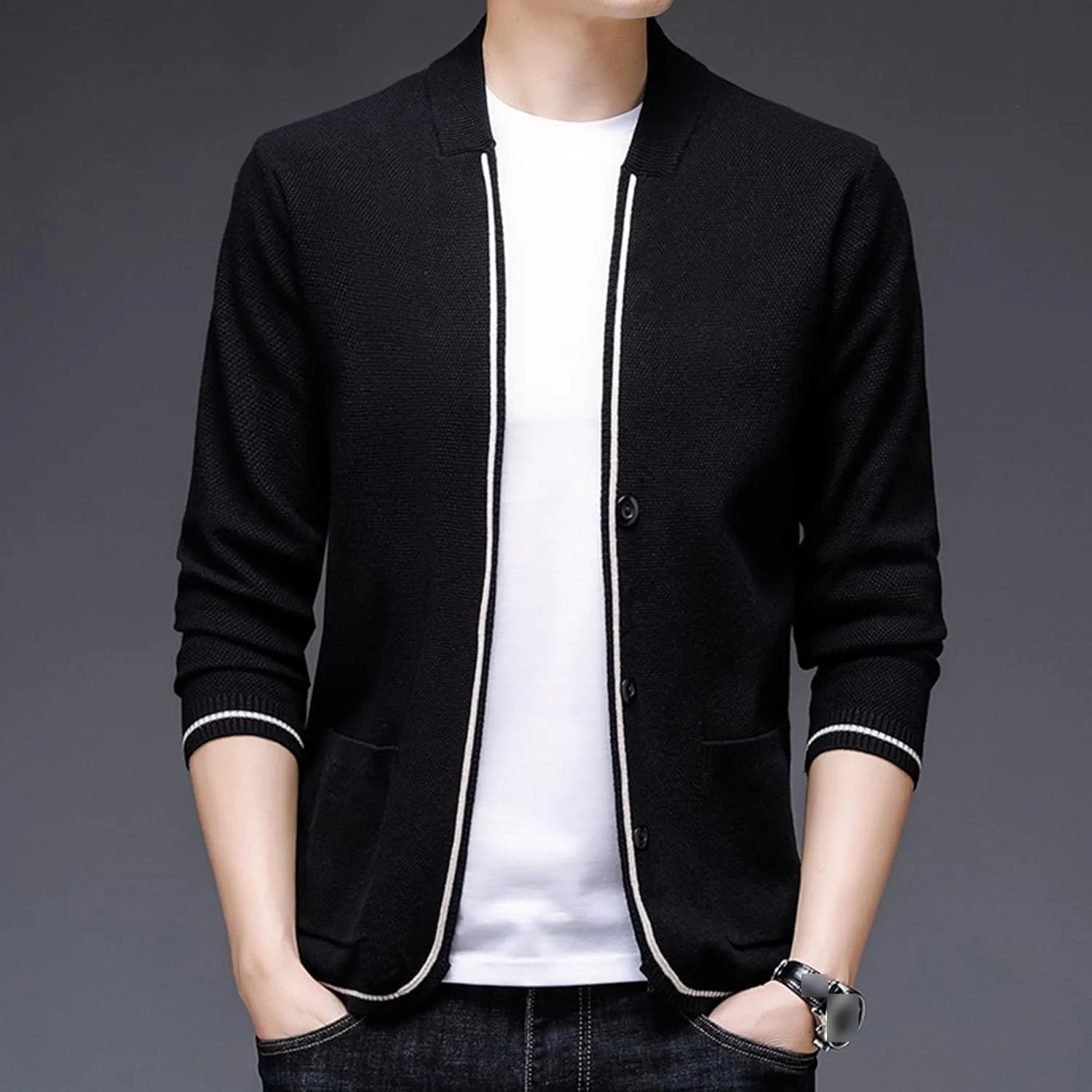Men's Collar Knitted Cardigan Button Down Male Knits with Pockets Winter Long Sleeve Knit Cardigans