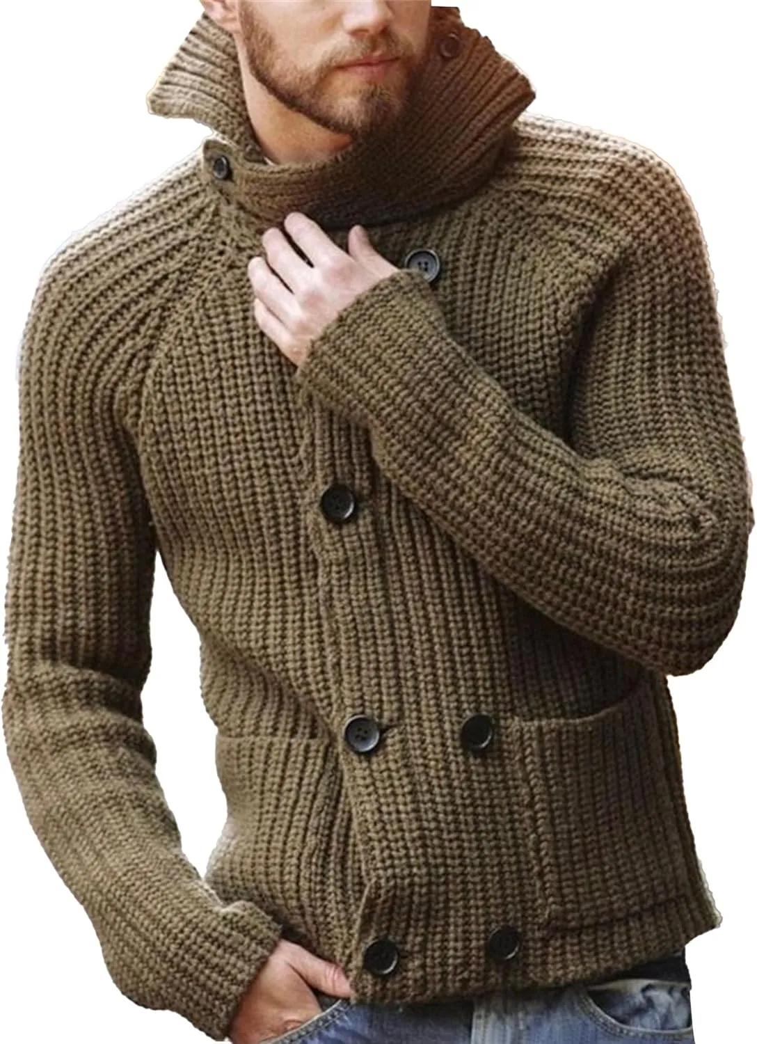 Men's Double Breasted Knit Cardigan Button Down Male Knits Sweater with Pockets Solid Casual Knitted Cardigans