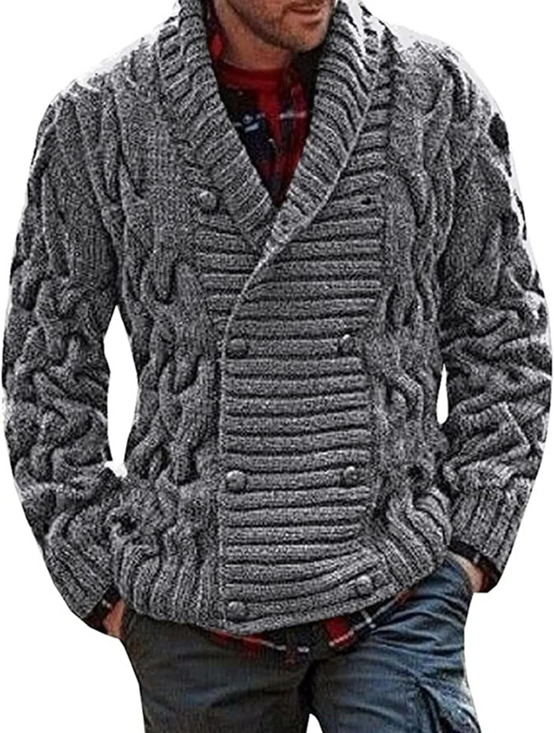 Men's Double Breasted Knitted Cardigan Fit Long Sleeve Casual Knits Cardigans Winter Shawl Collar Knit Sweater Coat
