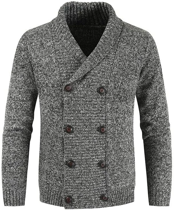 Men's Double Breasted Knitted Cardigan Fit Long Sleeve Casual Knits Cardigans Winter Shawl Collar Knit Sweater Coat