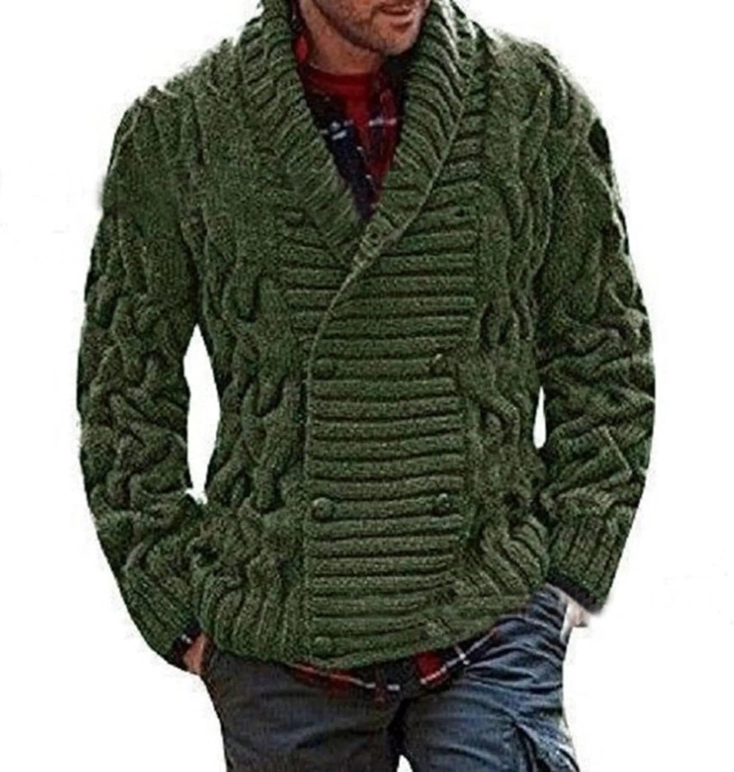 Men's Double Breasted Knitted Cardigan Fit Long Sleeve Casual Knits Cardigans Winter Shawl Collar Knit Sweater Coat