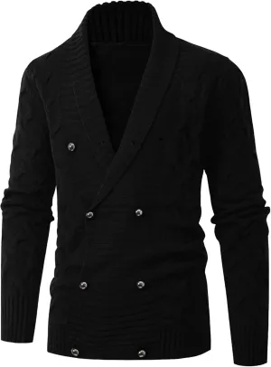 Men's Double Breasted Knitted Cardigan Fit Long Sleeve Casual Knits Cardigans Winter Shawl Collar Knit Sweater Coat