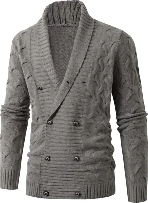 Men's Double Breasted Knitted Cardigan Fit Long Sleeve Casual Knits Cardigans Winter Shawl Collar Knit Sweater Coat