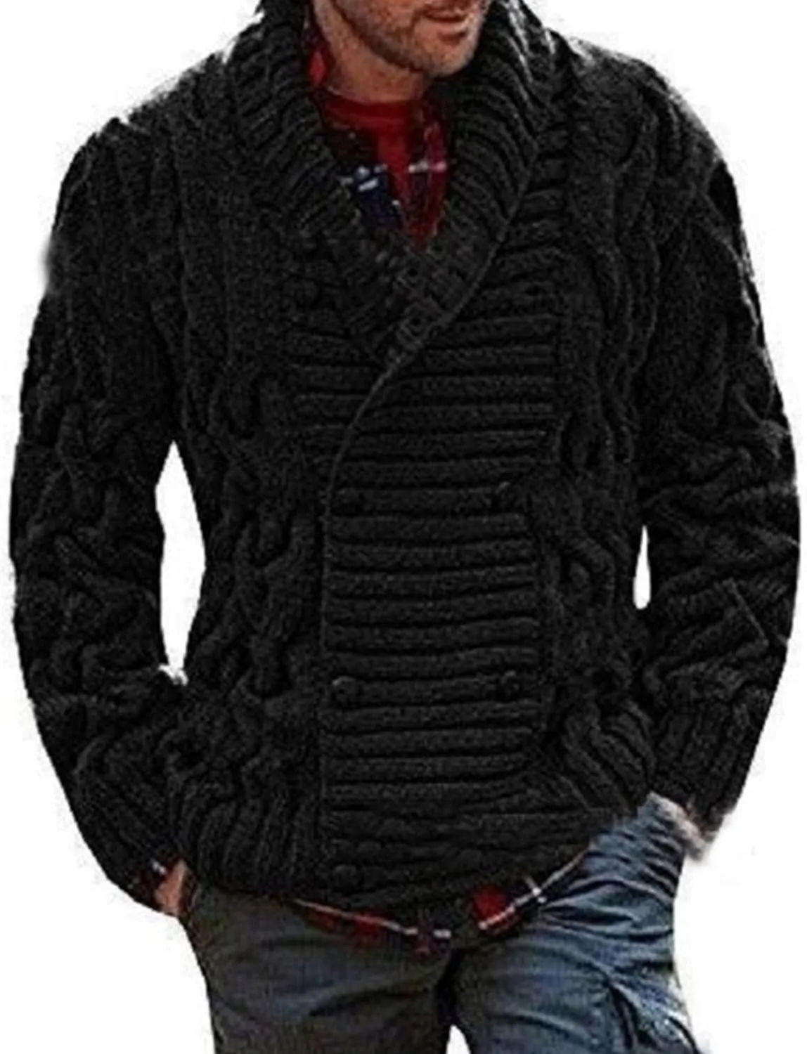 Men's Double Breasted Knitted Cardigan Fit Long Sleeve Casual Knits Cardigans Winter Shawl Collar Knit Sweater Coat