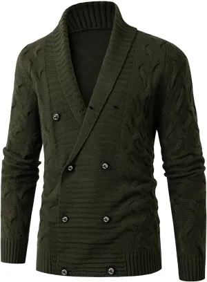 Men's Double Breasted Knitted Cardigan Fit Long Sleeve Casual Knits Cardigans Winter Shawl Collar Knit Sweater Coat