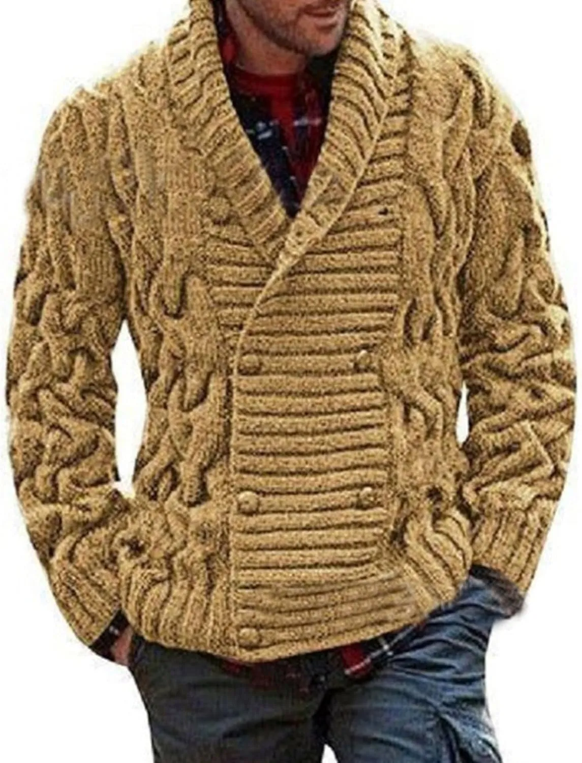 Men's Double Breasted Knitted Cardigan Fit Long Sleeve Casual Knits Cardigans Winter Shawl Collar Knit Sweater Coat