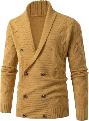 Men's Double Breasted Knitted Cardigan Fit Long Sleeve Casual Knits Cardigans Winter Shawl Collar Knit Sweater Coat