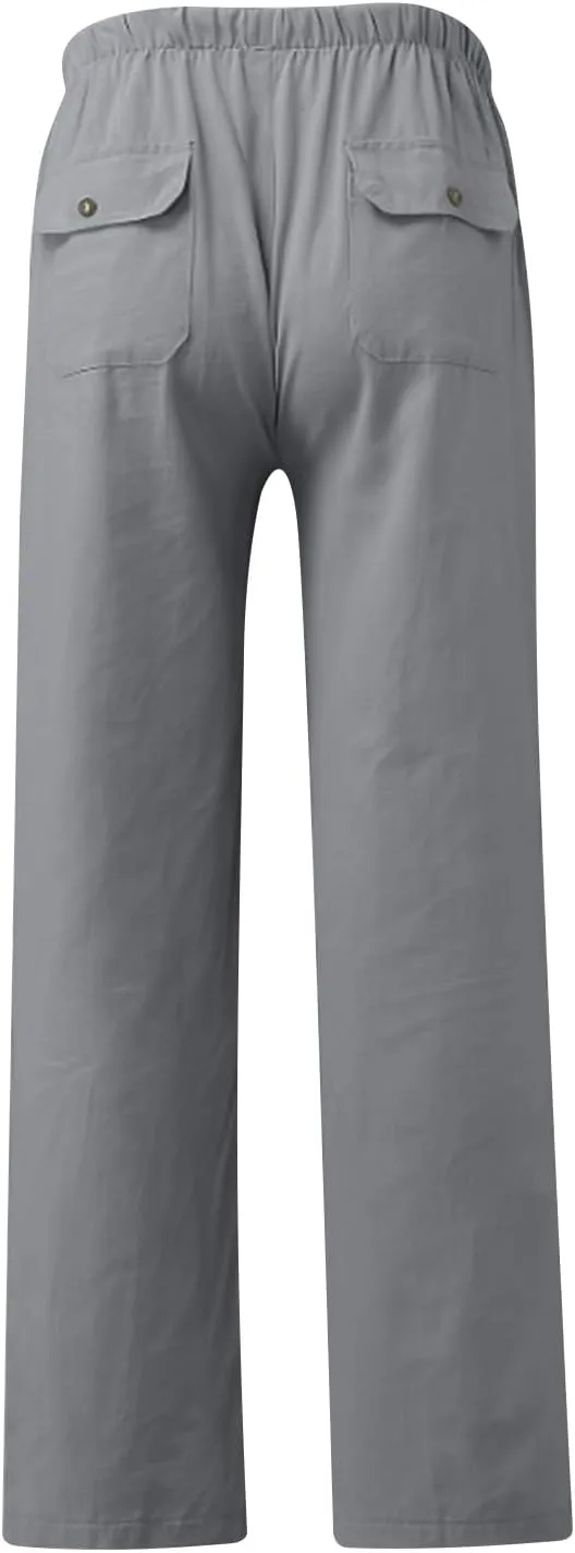 Mens Drawstring Pants Straight Leg Pants with Pocket Loose Wide-Leg Pants Casual Khaki Pants Classic Track Pants