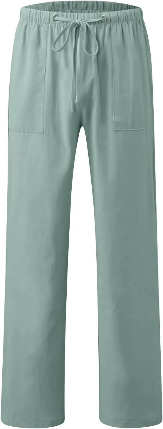 Mens Drawstring Pants Straight Leg Pants with Pocket Loose Wide-Leg Pants Casual Khaki Pants Classic Track Pants