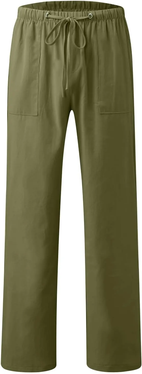 Mens Drawstring Pants Straight Leg Pants with Pocket Loose Wide-Leg Pants Casual Khaki Pants Classic Track Pants