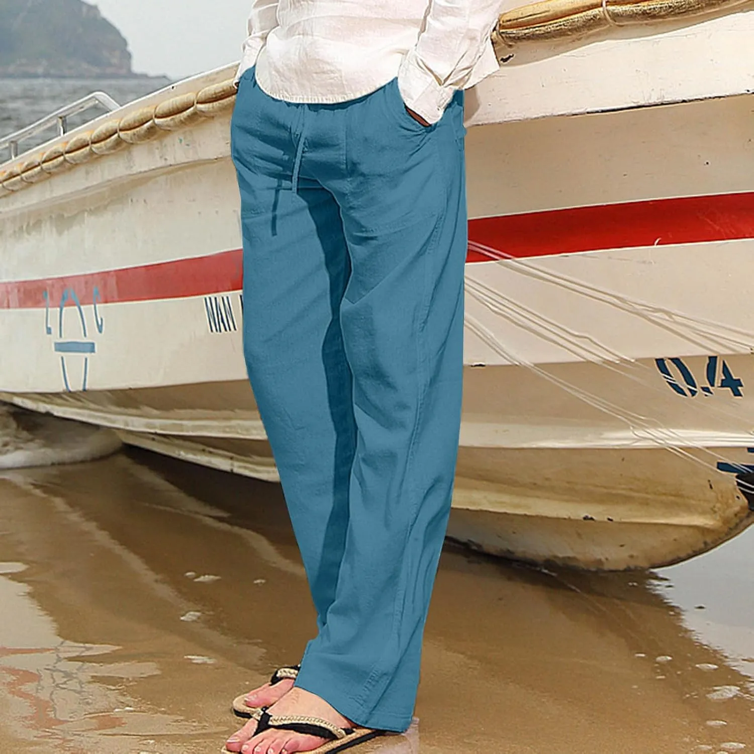 Mens Drawstring Pants Straight Leg Pants with Pocket Loose Wide-Leg Pants Casual Khaki Pants Classic Track Pants