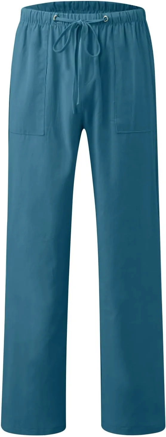 Mens Drawstring Pants Straight Leg Pants with Pocket Loose Wide-Leg Pants Casual Khaki Pants Classic Track Pants