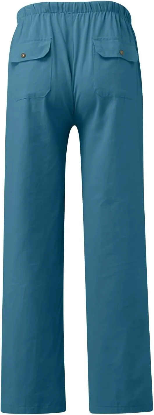 Mens Drawstring Pants Straight Leg Pants with Pocket Loose Wide-Leg Pants Casual Khaki Pants Classic Track Pants