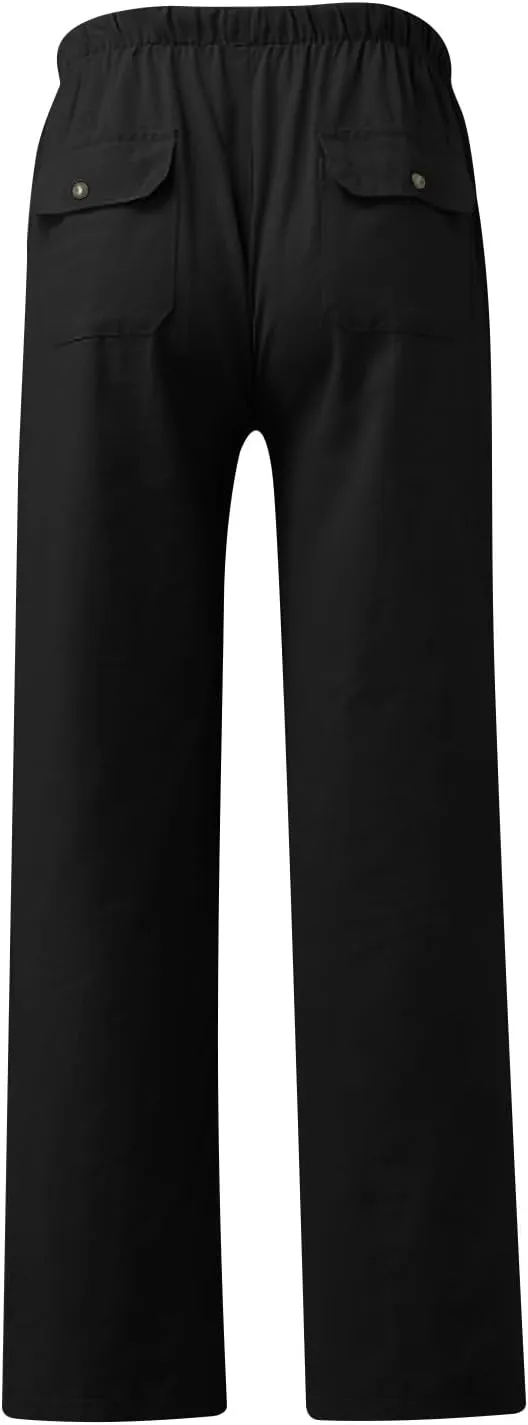 Mens Drawstring Pants Straight Leg Pants with Pocket Loose Wide-Leg Pants Casual Khaki Pants Classic Track Pants