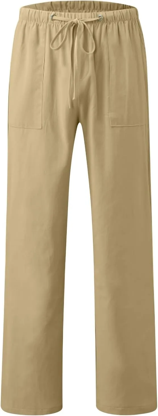 Mens Drawstring Pants Straight Leg Pants with Pocket Loose Wide-Leg Pants Casual Khaki Pants Classic Track Pants