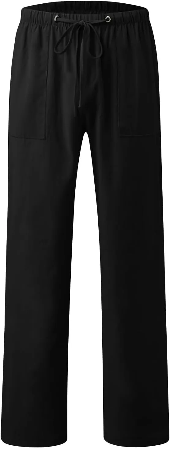 Mens Drawstring Pants Straight Leg Pants with Pocket Loose Wide-Leg Pants Casual Khaki Pants Classic Track Pants
