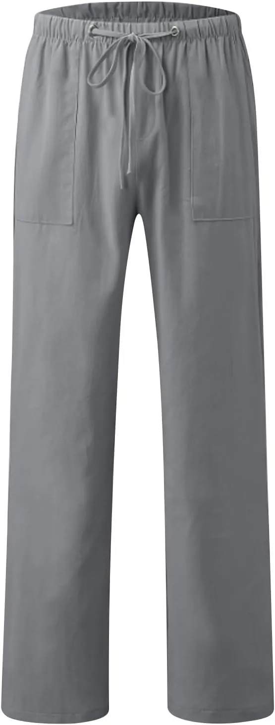 Mens Drawstring Pants Straight Leg Pants with Pocket Loose Wide-Leg Pants Casual Khaki Pants Classic Track Pants