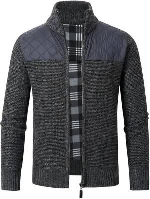 Men's Full Zip Cardigan Sweater Slim Fit Cable Knitted Zip Up Sweater Casual Patchwork Cardigan Sweater with Pockets