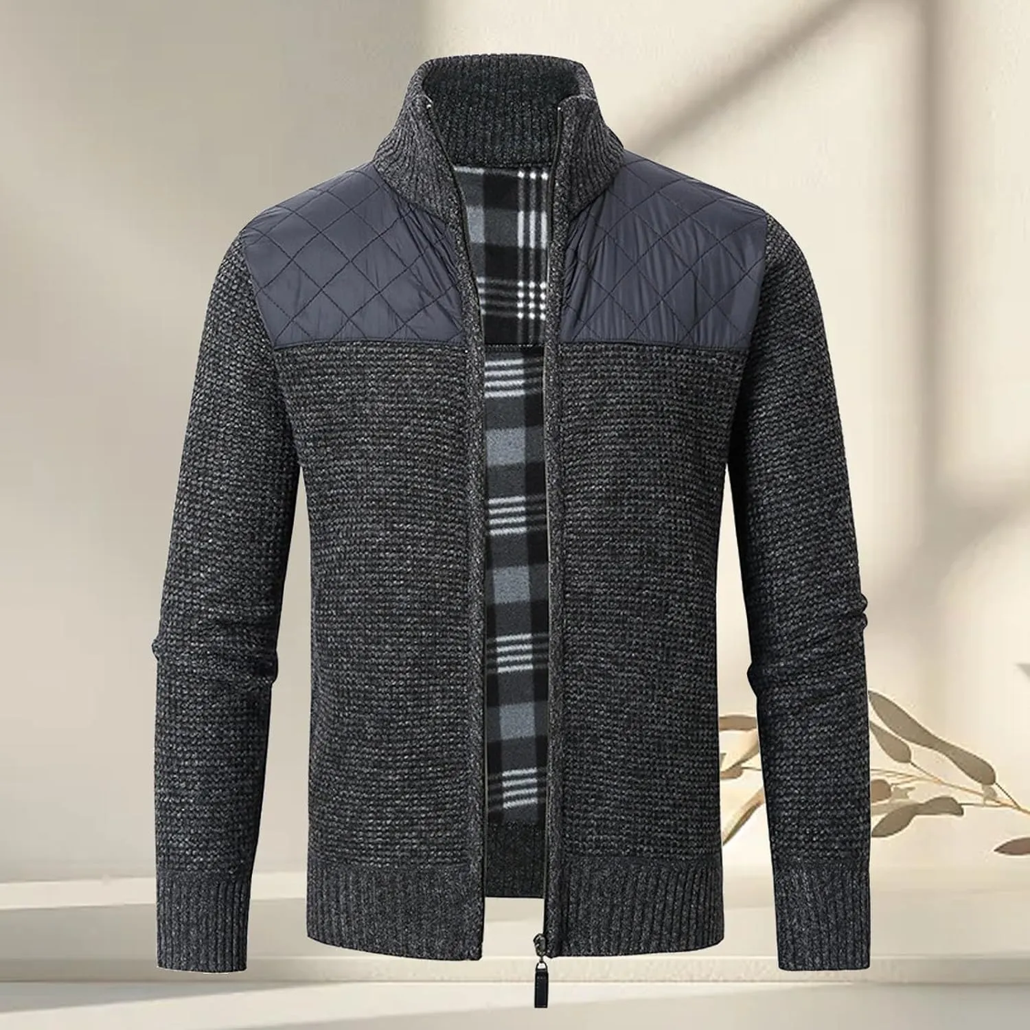 Men's Full Zip Cardigan Sweater Slim Fit Cable Knitted Zip Up Sweater Casual Patchwork Cardigan Sweater with Pockets