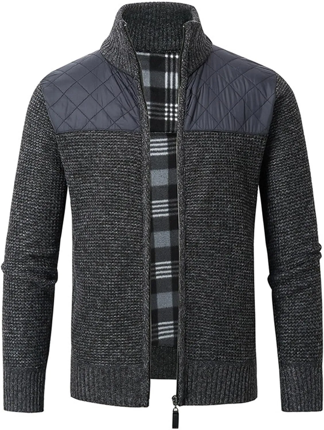 Men's Full Zip Cardigan Sweater Slim Fit Cable Knitted Zip Up Sweater Casual Patchwork Cardigan Sweater with Pockets