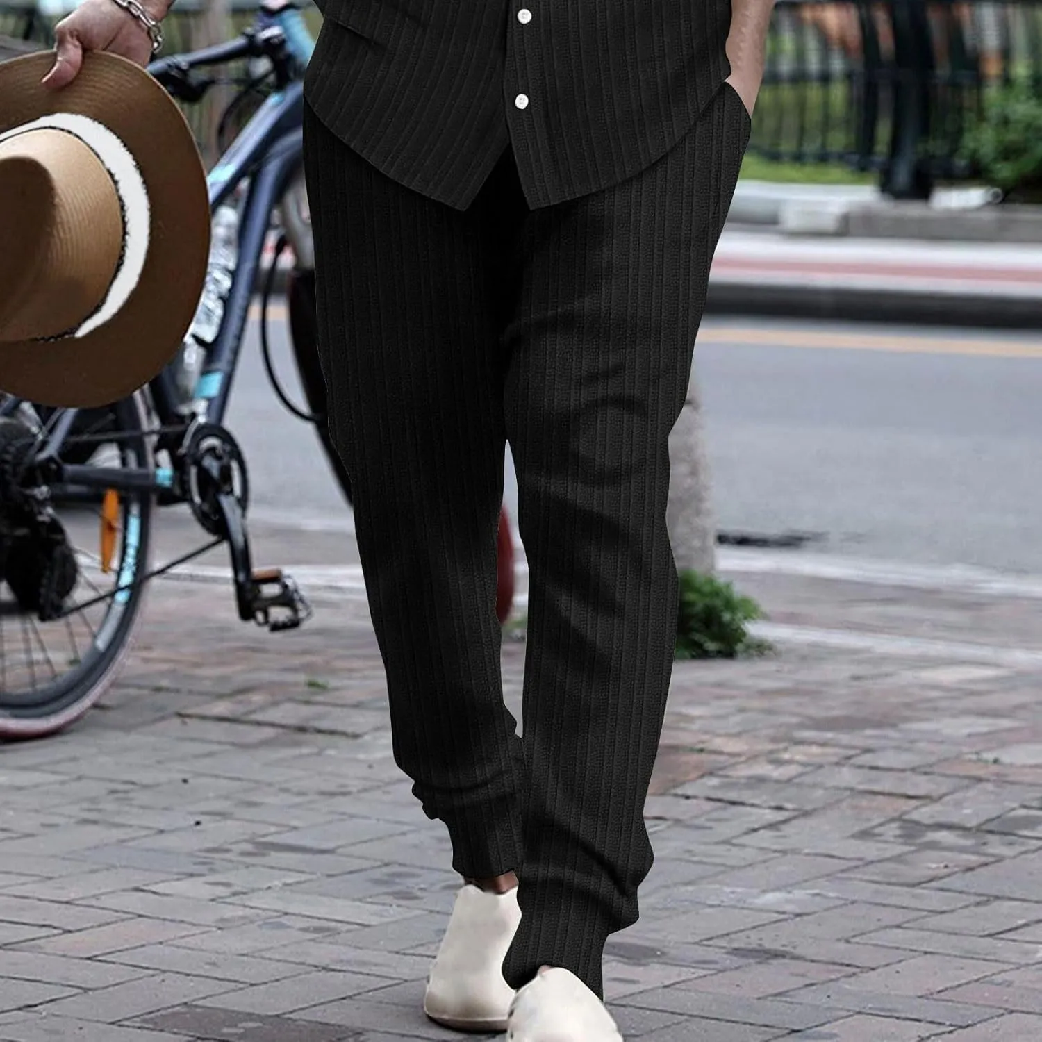 Men's Linen Pants Casual Pants Relaxed-Fit Beach Trousers Summer Yoga Pants Drawstring Elastic Waist Pants