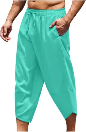 Mens Linen Pants Casual Pants Relaxed-Fit Beach Trousers Summer Yoga Pants Drawstring Elastic Waist Pants
