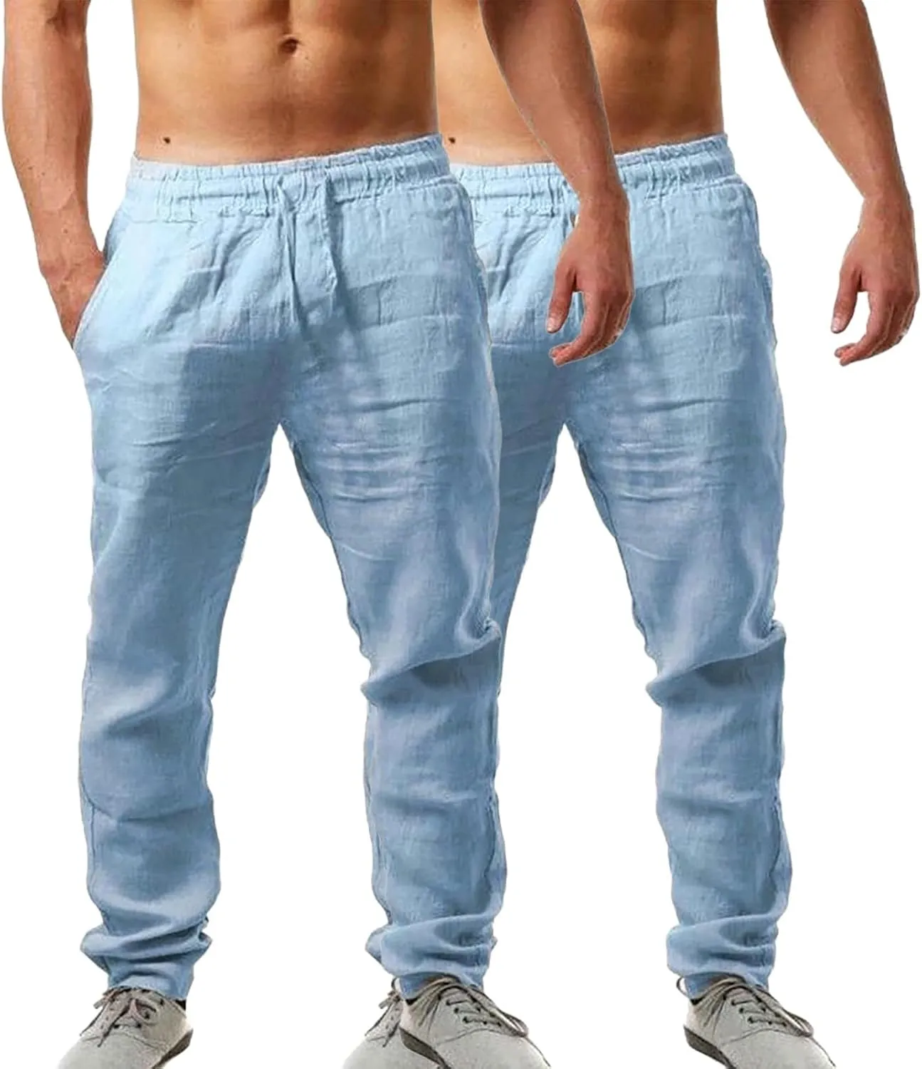 Mens Linen Pants Yoga Beach Loose Fit Casual Summer Elastic Waist Drawstring Lounge Trousers with Pockets 2 Pack