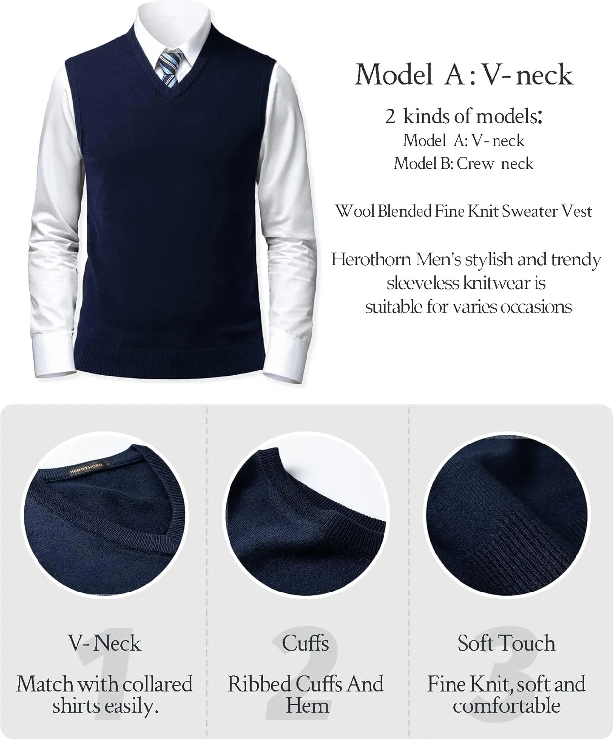 Mens Soft V Neck Crew Neck Knitted Sweater Vest Solid Sleeveless Pullover Slim Fit Plain Color for Dad Husband