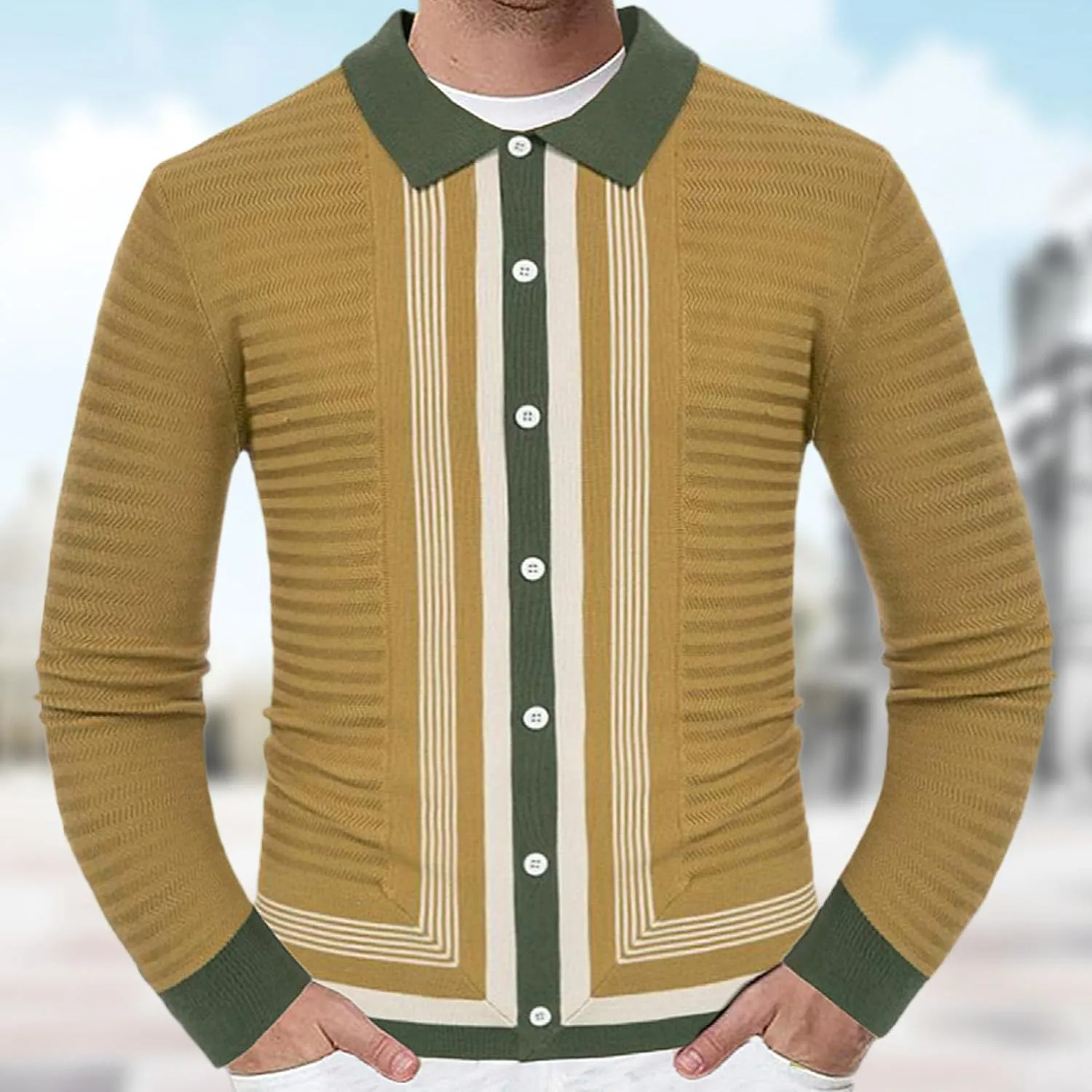 Men's Striped Knitted Jacket Button Down Knit Polo Shirts Coat Classic Stripe Men Knits Cardigan Sweaters