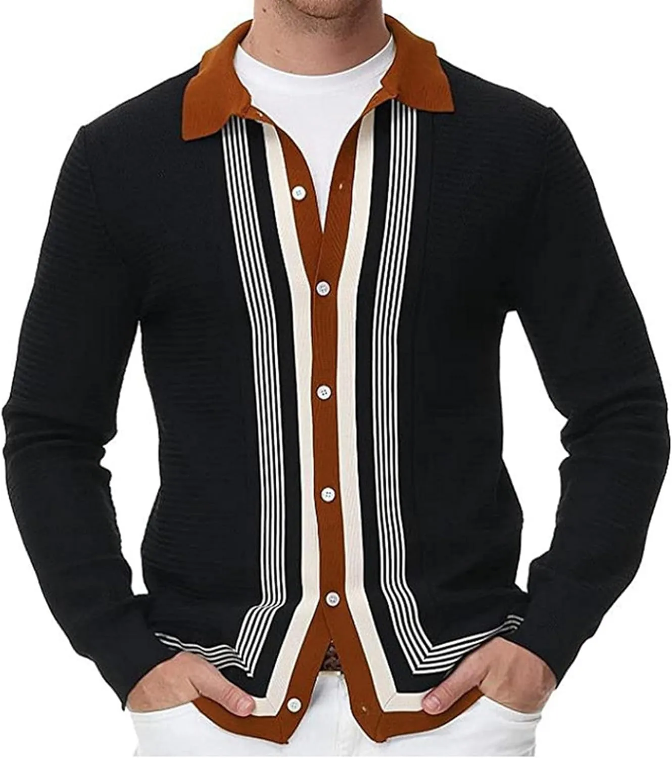Men's Striped Knitted Jacket Button Down Knit Polo Shirts Coat Classic Stripe Men Knits Cardigan Sweaters