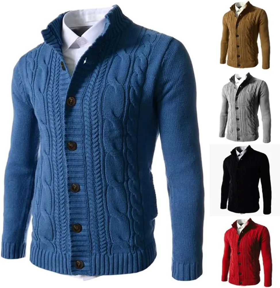 Mens Sweater Cardigan Cardigan Sweaters Stand Collar Button Down Ribbed Knitted Sweater with Pockets