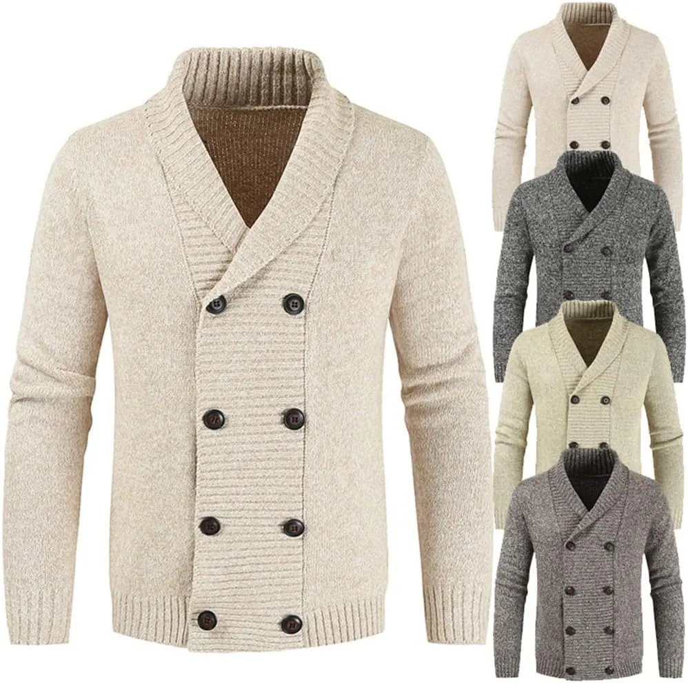 Mens Sweater Cardigan Shawl Collar Cardigan Sweater Slim Fit Button Down Cable Knitted Sweater with Pocket