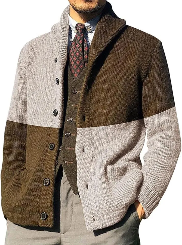 Mens Sweater Cardigan Soft Cotton Shawl Cardigan Sweater Button Down Ribbed Knitted Sweater with Pockets