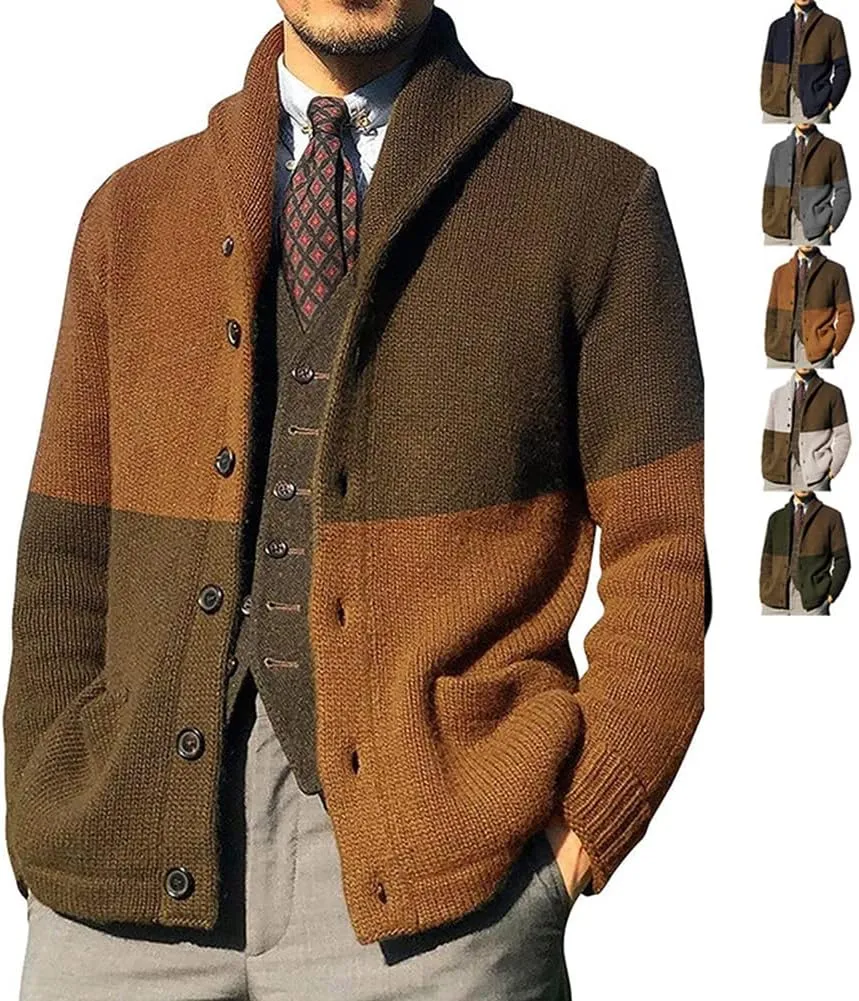 Mens Sweater Cardigan Soft Cotton Shawl Cardigan Sweater Button Down Ribbed Knitted Sweater with Pockets