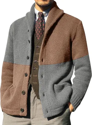 Mens Sweater Jacket Mens Patchwork Wool Blended Shawl Collar Cardigan Sweater Button Down with Pockets